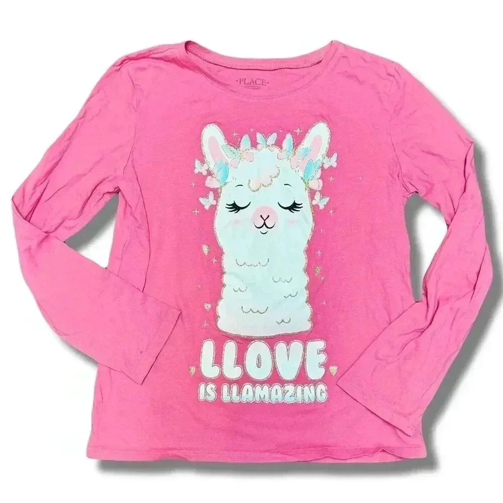 🌟 Children's Place Girls M Pink Llama Love Long Sleeve Graphic Tee 🌟